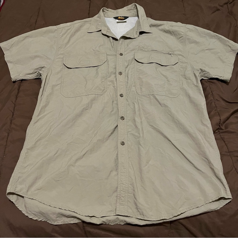 REI tan nylon quick dry short sleeve, fishing shirt
